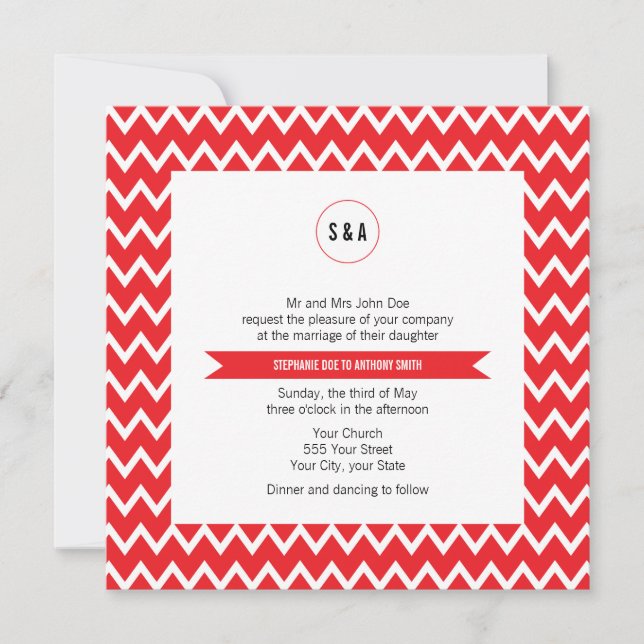 Monogram Red and White Zickzack Pattern Wedding Einladung (Vorderseite)