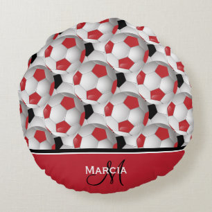 Monogram Red Black and White Soccer Ball Pattern Rundes Kissen