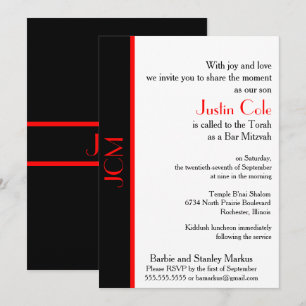 Monogram Red Black Bar Mitzvah auf White Einladung