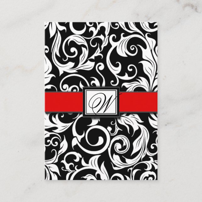 Monogram Red Black Damask Wedding Empfang Cards Begleitkarte (Vorderseite)