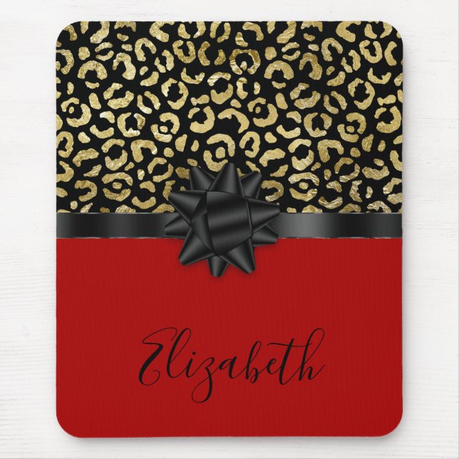 Monogram Red Black Gold Leopard Print Bow Trendy Mousepad (Vorne)
