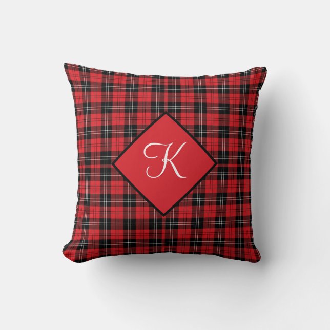 Monogram Red Black White Tartan Buffalo Pläd Kissen (Vorderseite)