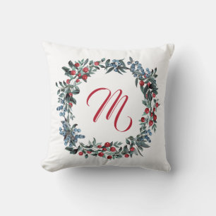 Monogram Red Blue Berries Wasserfarbenkreit Kissen