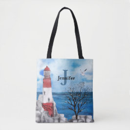 Monogram Red & Blue Lighthouse Wasserfarbe Kunst