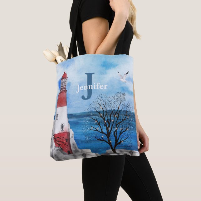 Monogram Red & Blue Lighthouse Wasserfarbe Kunst (Von Nahem)