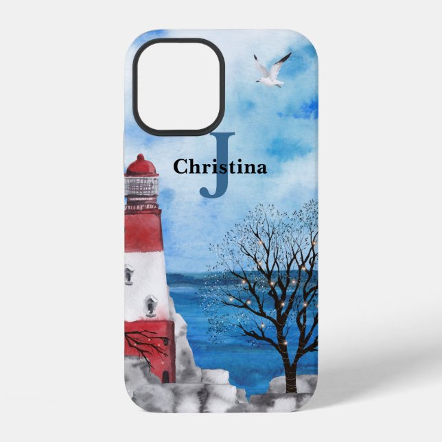 Monogram Red & Blue Lighthouse Wasserfarbe Kunst iPhone Hülle (Rückseite)