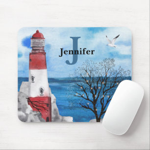 Monogram Red & Blue Lighthouse Wasserfarbe Kunst Mousepad