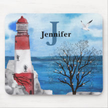 Monogram Red & Blue Lighthouse Wasserfarbe Kunst