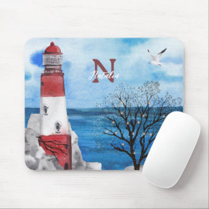 Monogram Red & Blue Lighthouse Wasserfarbe Kunst Mousepad