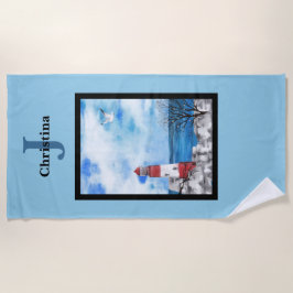 Monogram Red & Blue Lighthouse Wasserfarbe Kunst Strandtuch