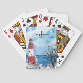 Monogram Red & Blue Lighthouse Watercolor Scene Pl Spielkarten
