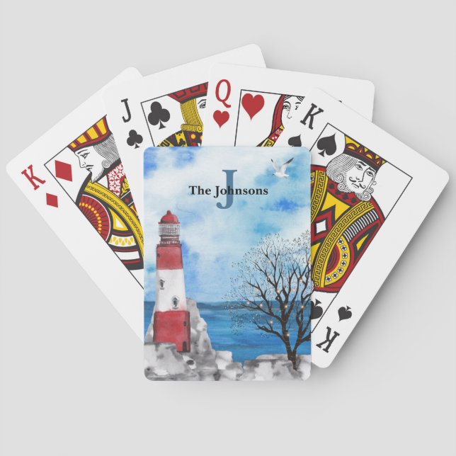 Monogram Red & Blue Lighthouse Watercolor Scene Pl Spielkarten (Rückseite)