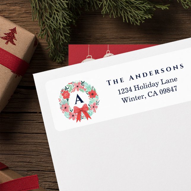 Monogram Red Bow Wreath Holiday Address Label (Von Creator hochgeladen)