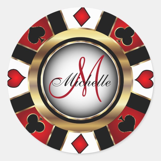 Monogram Red Casino Poker Chip Design Runder Aufkleber (Vorderseite)