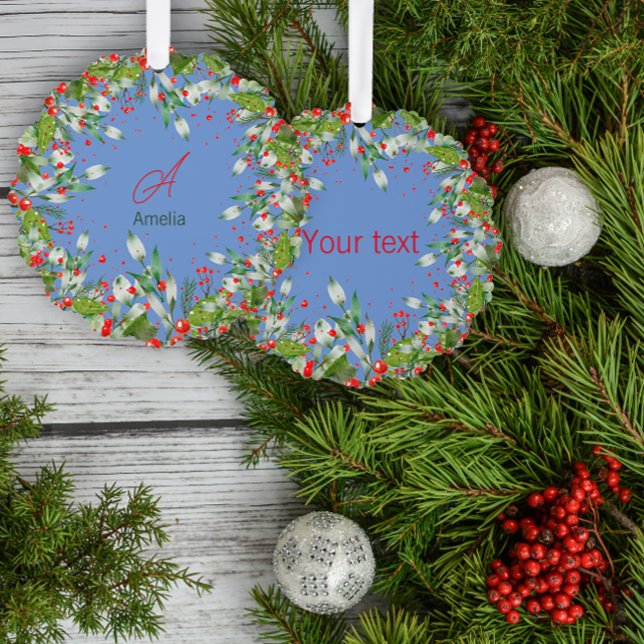 Monogram Red Christmas Blue Classic Round Ornament Karte (Von Creator hochgeladen)