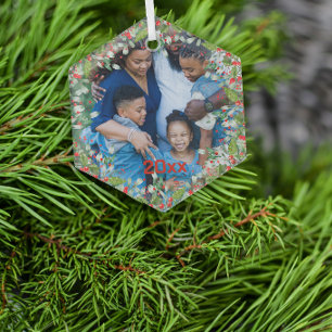 Monogram Red Christmas Green Foto Classic Round Ornament Aus Glas