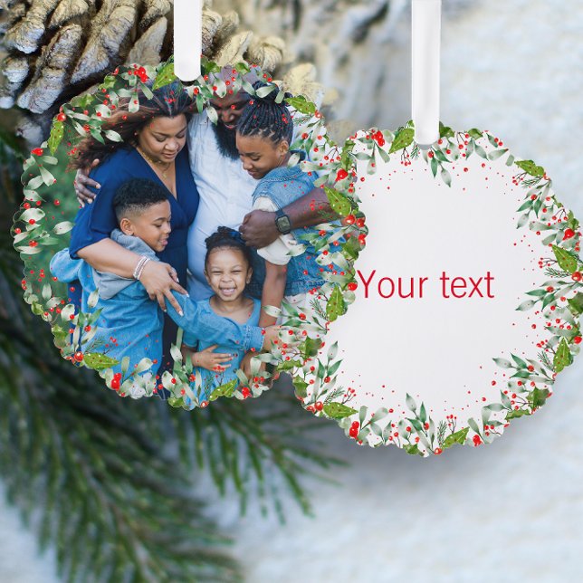 Monogram Red Christmas Green Foto Classic Round Ornament Karte (Von Creator hochgeladen)