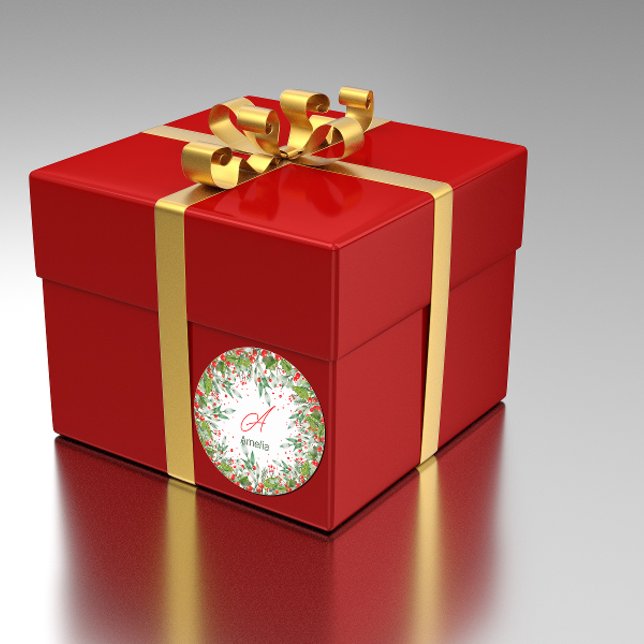Monogram Red Christmas Greenery Classic Round St Runder Aufkleber (Von Creator hochgeladen)