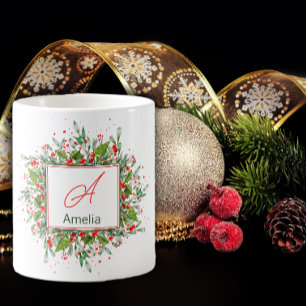 Monogram Red Christmas Greenery Kaffeetasse