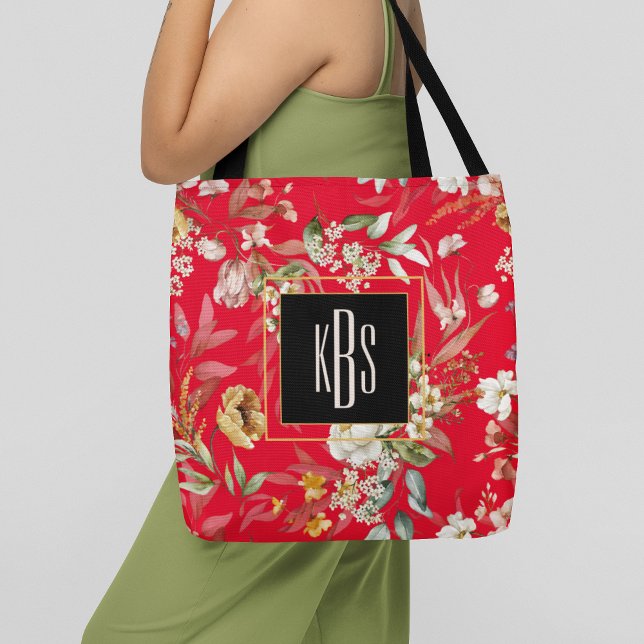 Monogram, Red Fine Art Florals Shoulle Tasche (Von Creator hochgeladen)