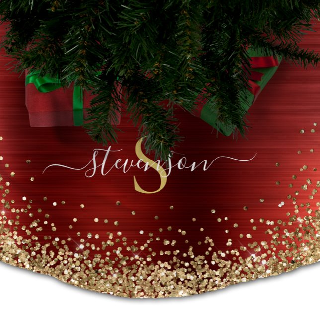 Monogram Red Gold Glitzer Girly Glam Polyester Weihnachtsbaumdecke (Monogram Red Gold Glitter Girly Glam Brushed Polyester Tree Skirt)