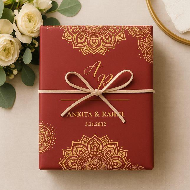 Monogram Red Gold Mandala Indian Wedding Geschenkpapier Set (Monogram Red Gold Mandala Indian Wedding Wrapping Paper Sheets)