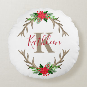 Monogram Red Green Christmas Floral Antlers Rundes Kissen