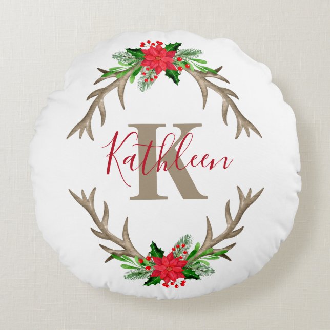 Monogram Red Green Christmas Floral Antlers Rundes Kissen (Vorderseite)