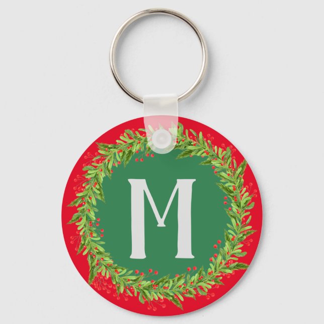 Monogram Red & Green Weihnachtsmann Schlüsselanhänger (Vorderseite)