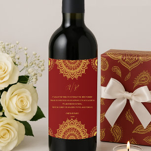 Monogram Red Mandala Indian Gastgeschenk Hochzeit Weinetikett