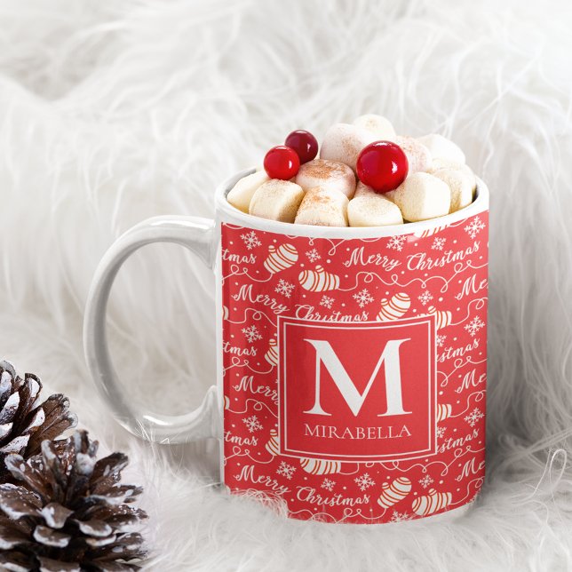 Monogram Red Merry Christmas Winter Mittens Kaffeetasse (Personalized Red Monogram Merry Christmas Mittens Coffee Mug)