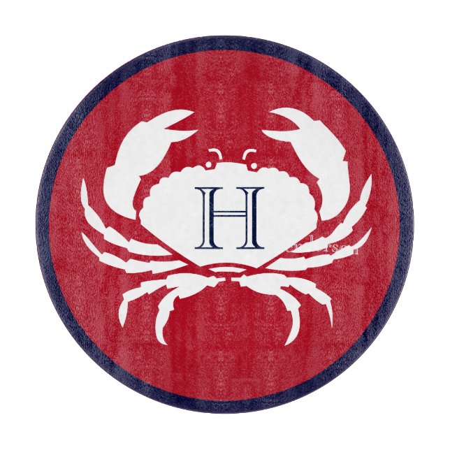 Monogram Red Navy Blue White Crab Nautic Schneidebrett (Vorderseite)