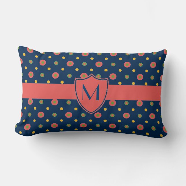Monogram Red Navy Polka Dots Lumbar Pillow Lendenkissen (Vorderseite)