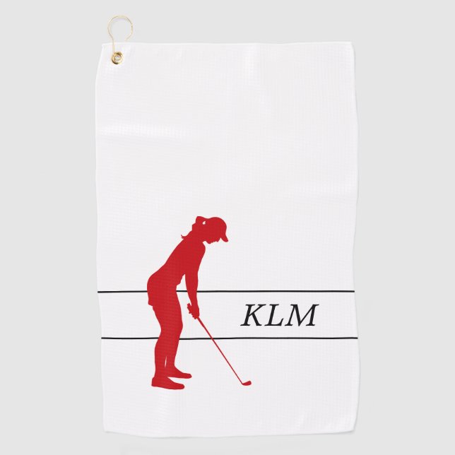 Monogram Red on White Woman Silhouette Golfer Golfhandtuch (Vorderseite)