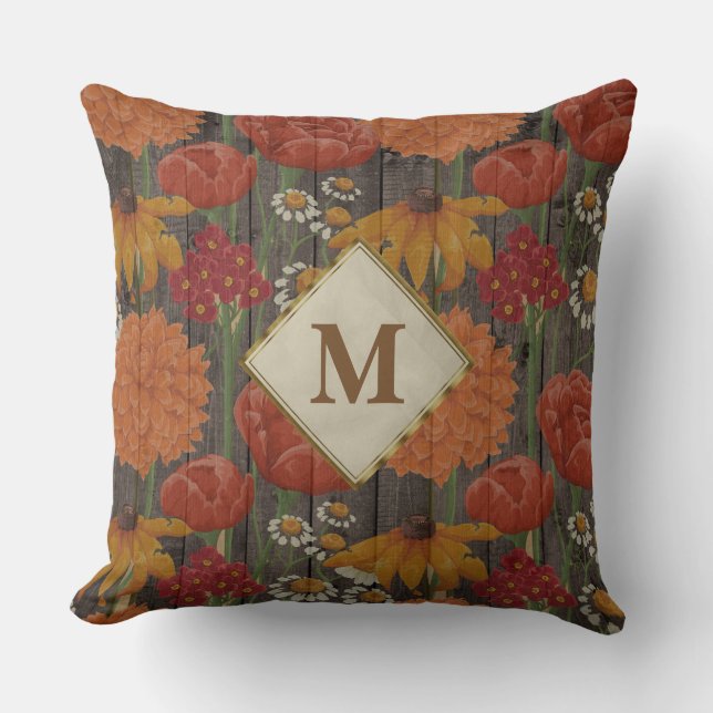 Monogram Red Orange Blume and Daisies Brown Wood Kissen (Vorderseite)