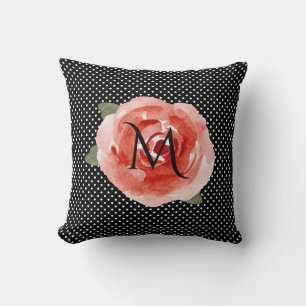 Monogram Red Rose Black White Polka Dots Kissen