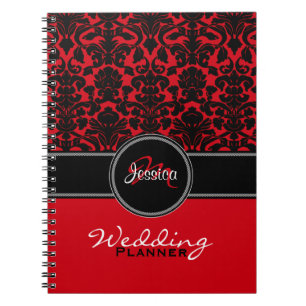 Monogram Red Schwarz-weiß Damask Wedding Planner Notizblock