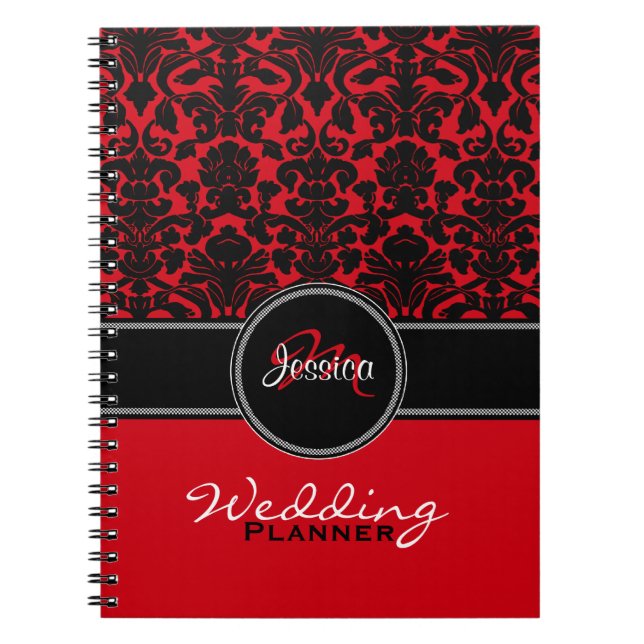 Monogram Red Schwarz-weiß Damask Wedding Planner Notizblock (Vorderseite)