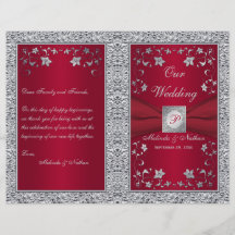 Monogram Red, Silver Foil-LOOK Wedding Program
