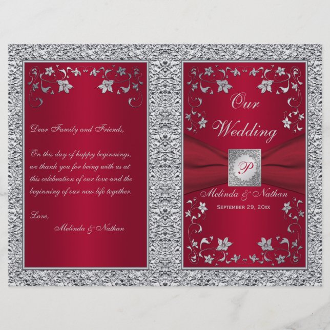 Monogram Red, Silver Foil-LOOK Wedding Program (Vorderseite)