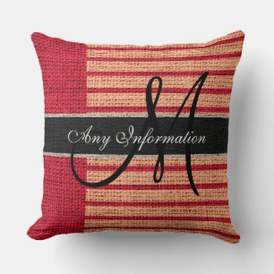 Monogram Red Stripes Burlap Rustikaler Jute Kissen