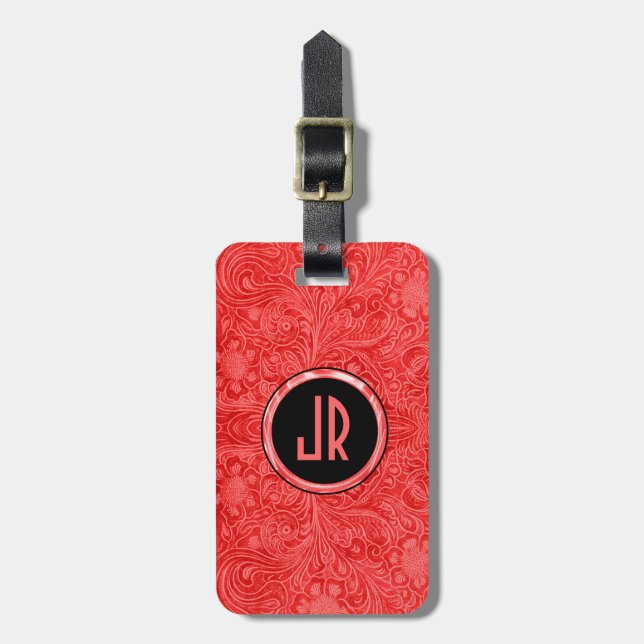 Monogram Red Suede Leather Floral Design Gepäckanhänger (Vorderseite vertikal)