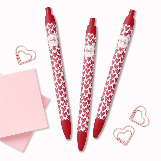 Monogram Red Valentine Heart Pattern Kugelschreiber (Cute monogram red heart pattern pens. so girly & fun! A great gift for a friend for Valentine's Day.)