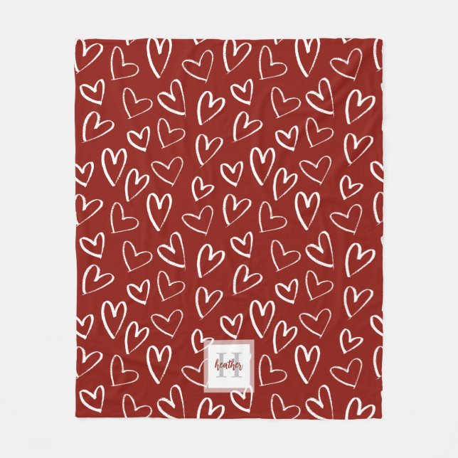 Monogram Red Valentine Herzmuster Fleecedecke (Vorderseite)