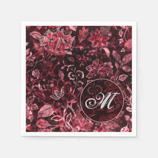 Monogram Red Vintag Floral Napkins Serviette (Vorderseite)