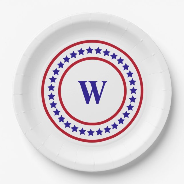 Monogram Red White and Blue Stars Patriotic Pappteller (Vorderseite)
