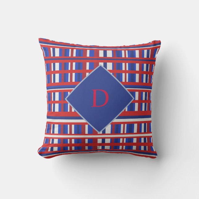 Monogram Red, White Blue Kariert Patriot Kissen Für Draußen (Vorderseite)