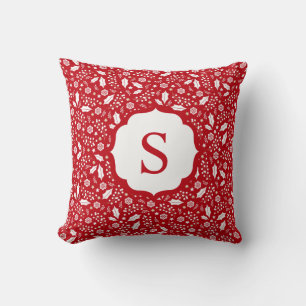 Monogram Red White Christmas Floral Pattern Kissen
