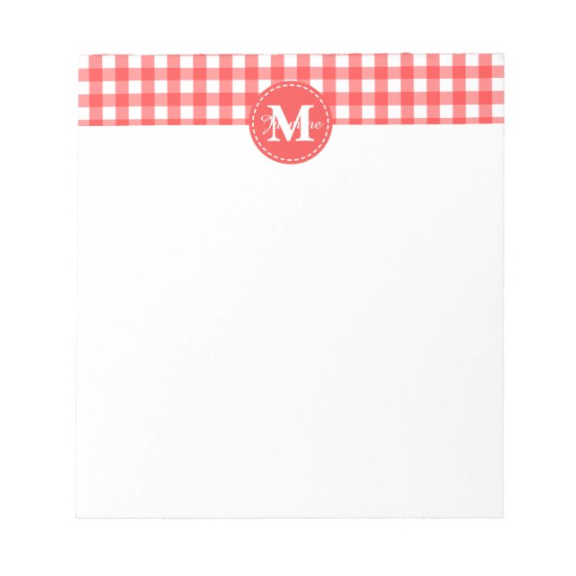 Monogram Red White Gingham Karo Pattern Notizblock (Vorderseite)