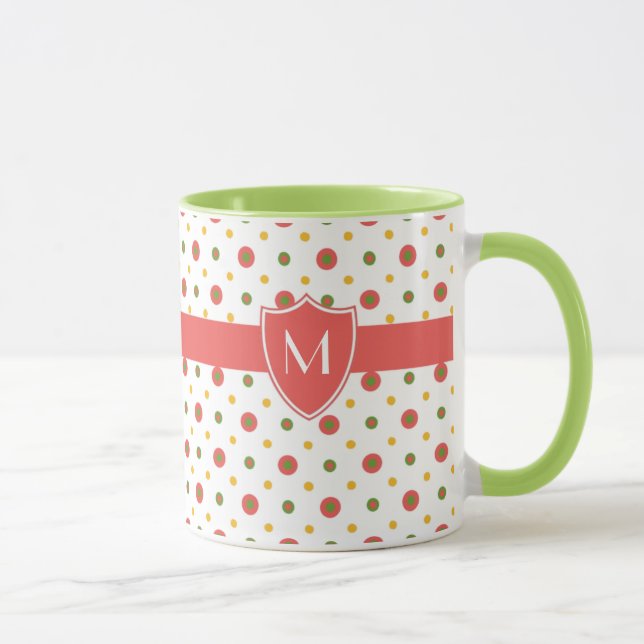 Monogram Red White Polka Dots Ringer Coffee Tasse (Rechts)